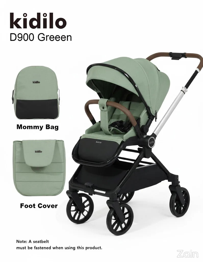 Green stroller and accessories with 'kidilo' branding on a white background