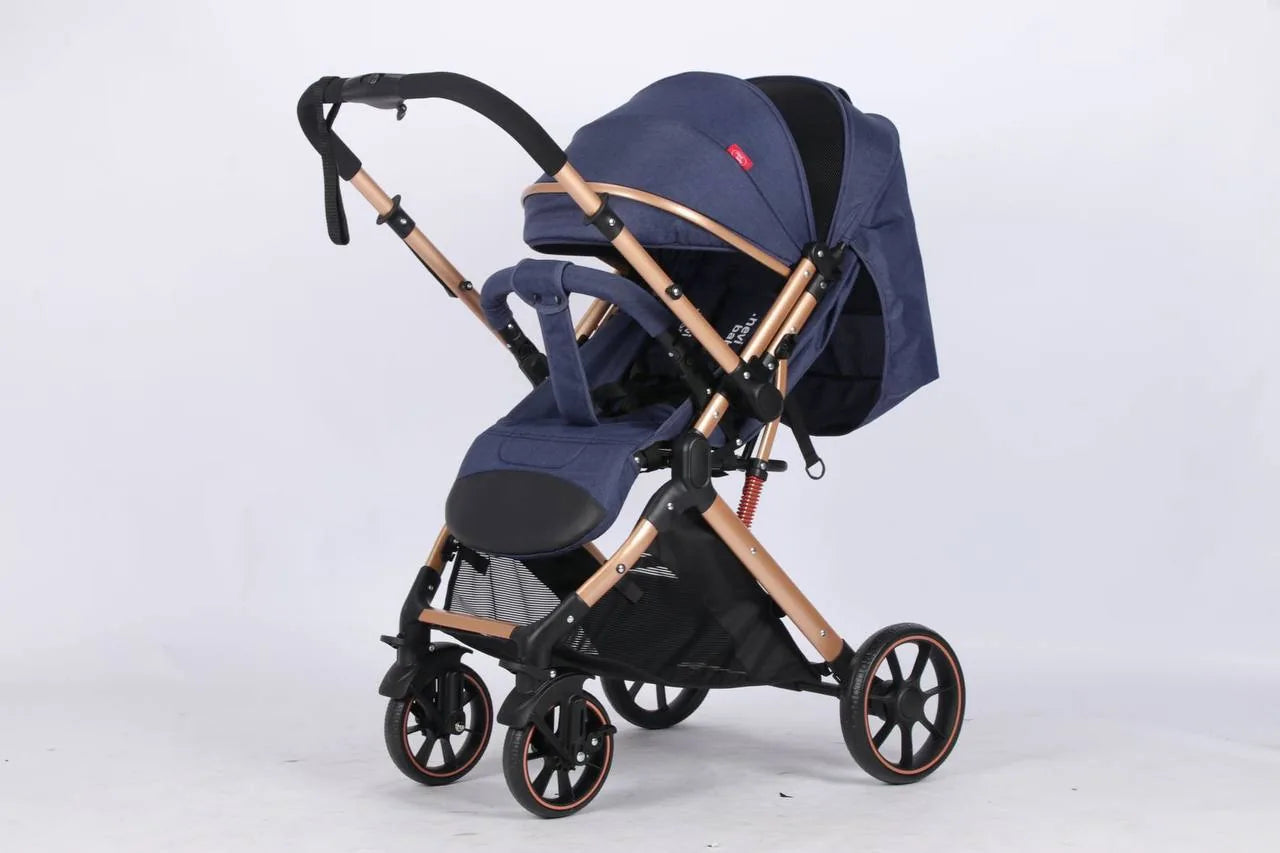 Navy blue baby stroller with beige frame on a white background