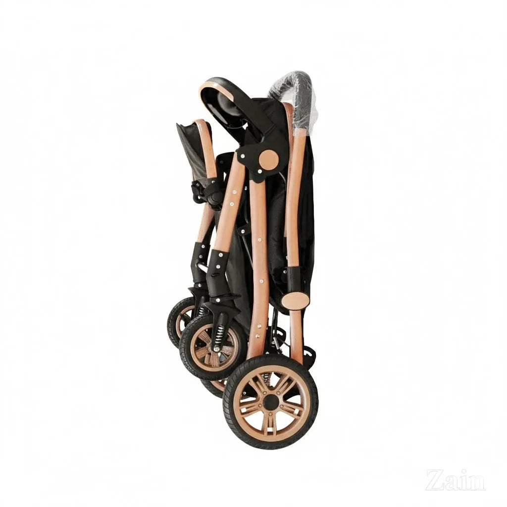 Foldable stroller with black and rose gold design on a white background