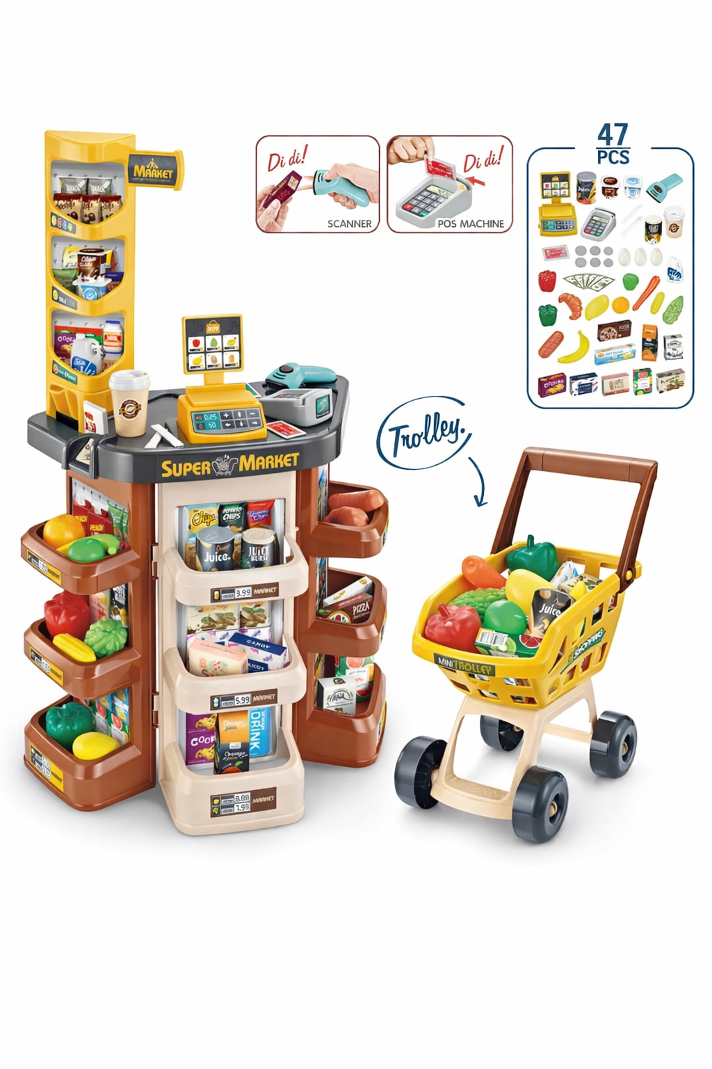 سوبر ماركت ستاند مع عربية تسوق 47 قطعة | Kids Supermarket Stand with Shopping Trolley 47 Pieces