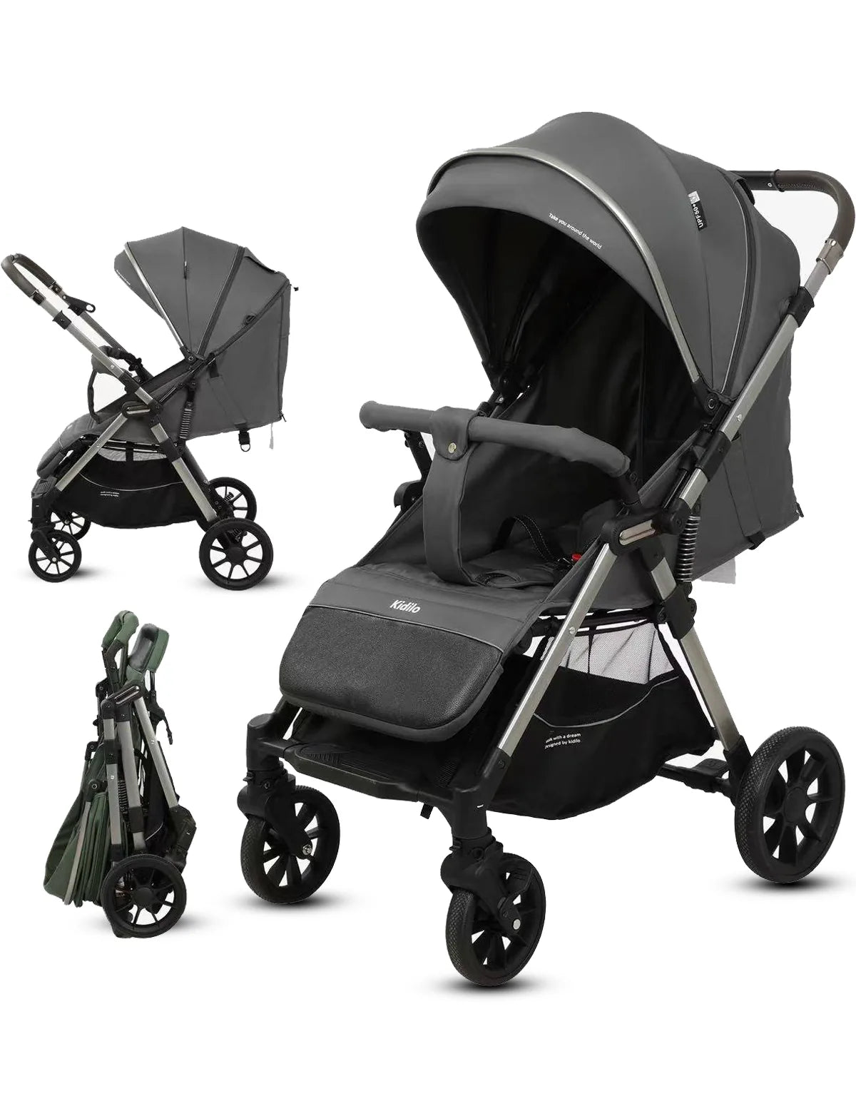 Gray and black stroller with folded and unfolded views on a white background