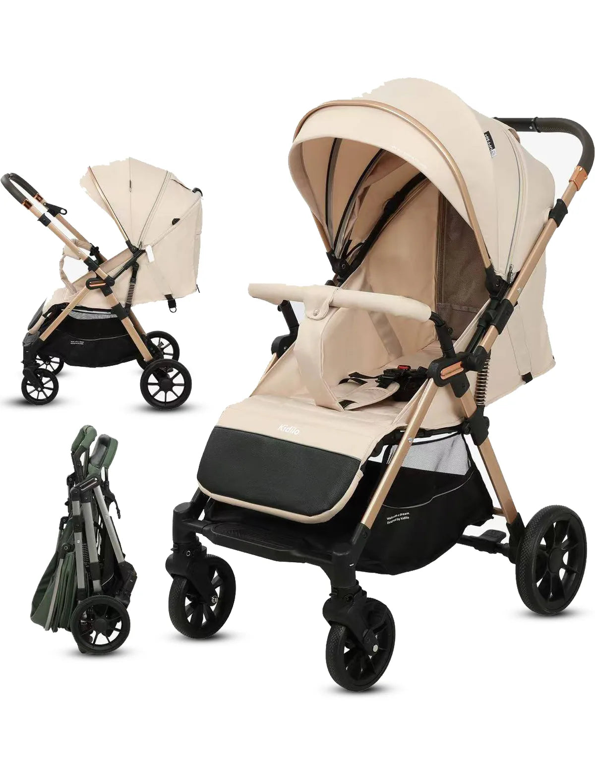 Beige and black stroller with folded and unfolded positions on a white background