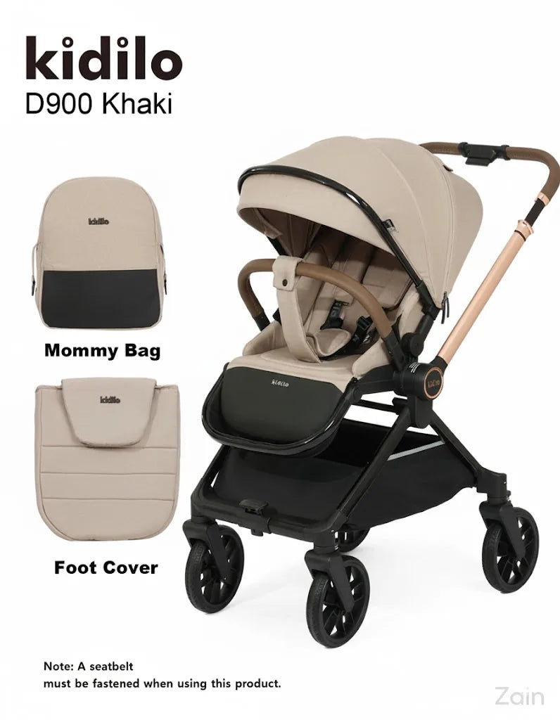 kidilo D900 Khaki stroller with mommy bag and foot cover on a white background