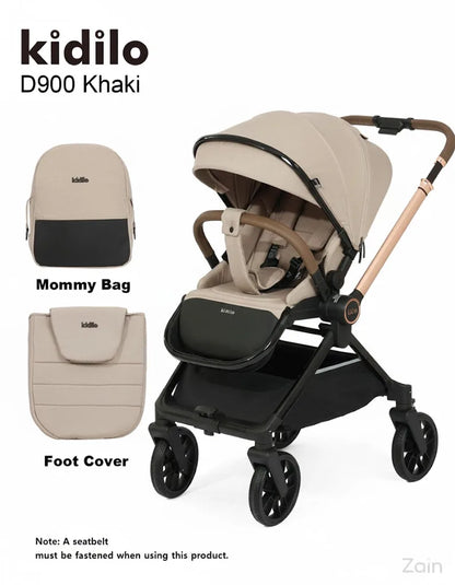 kidilo D900 Khaki stroller with mommy bag and foot cover on a white background