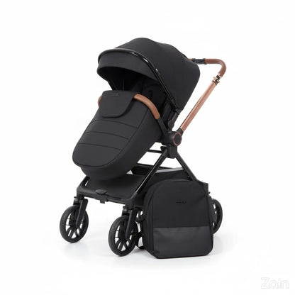 Black stroller with matching footmuff and bag on a white background