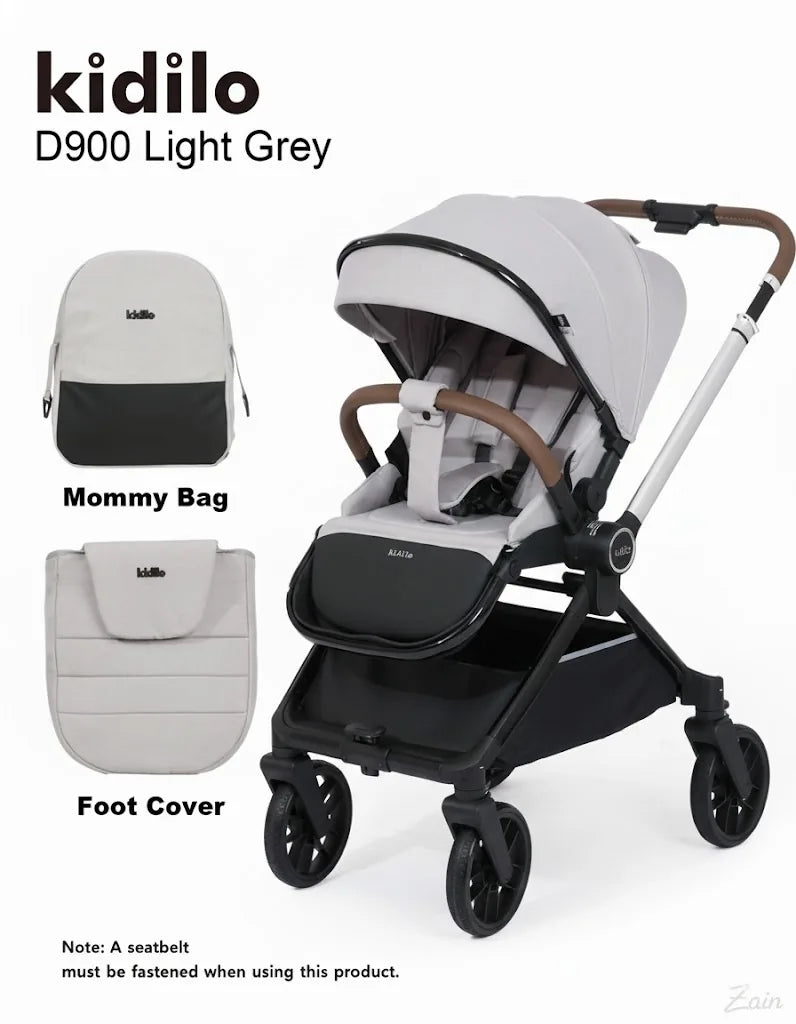 kidilo D900 light grey stroller with mommy bag and foot cover on a white background