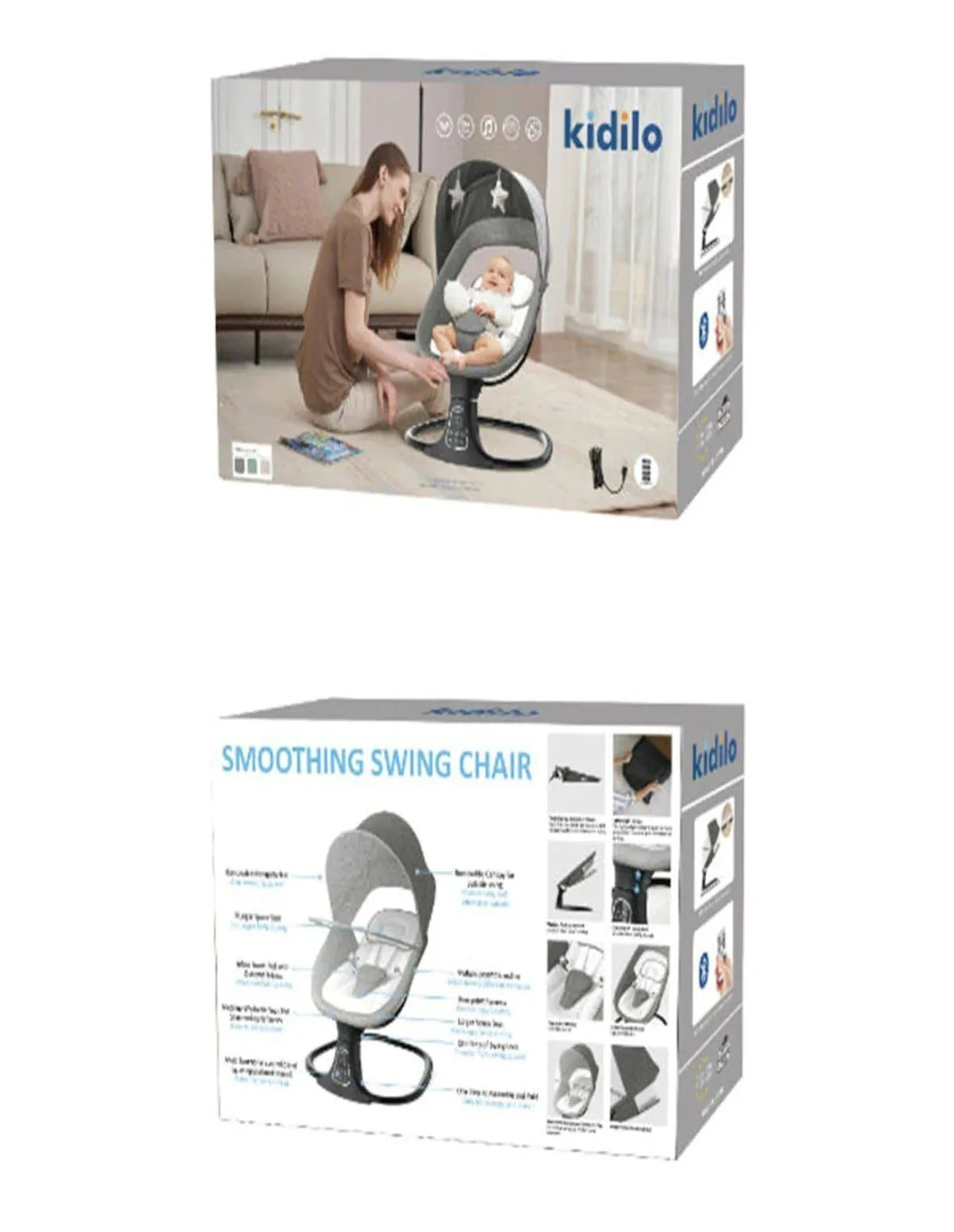 Box of Kidilo smoothing swing chair with images and text on a white background