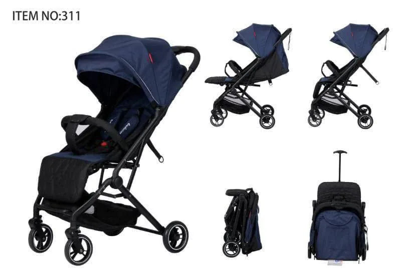 Navy blue stroller shown in various angles on a white background belecoo 311 stroller 