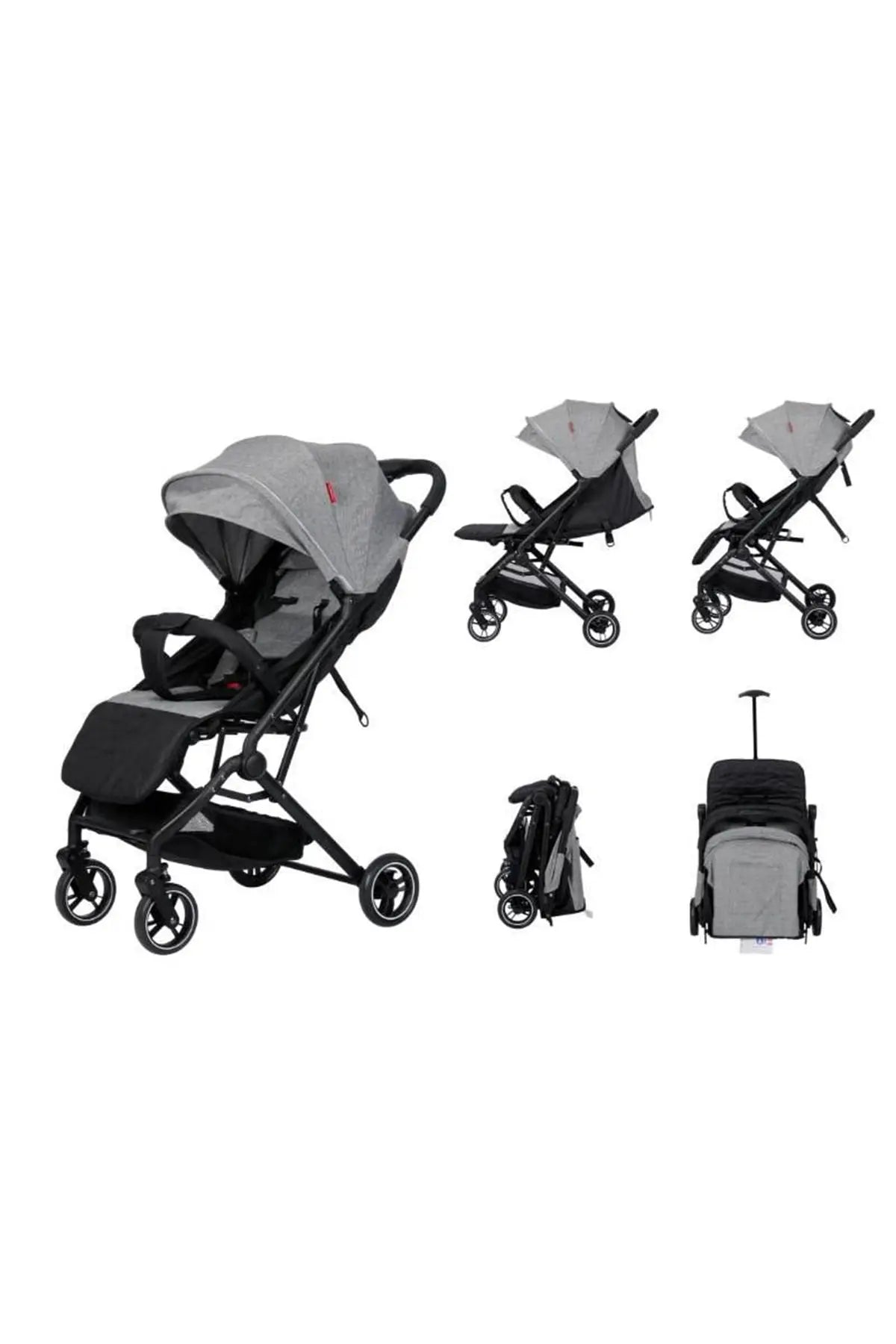 Gray and black stroller shown from multiple angles on a white  belecoo background