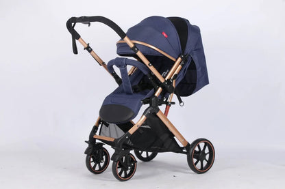 Navy blue baby stroller with beige frame on a white background