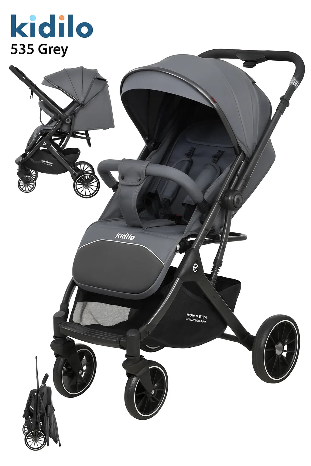 Gray stroller with folded and unfolded positions, featuring the 'kidilo' brand.