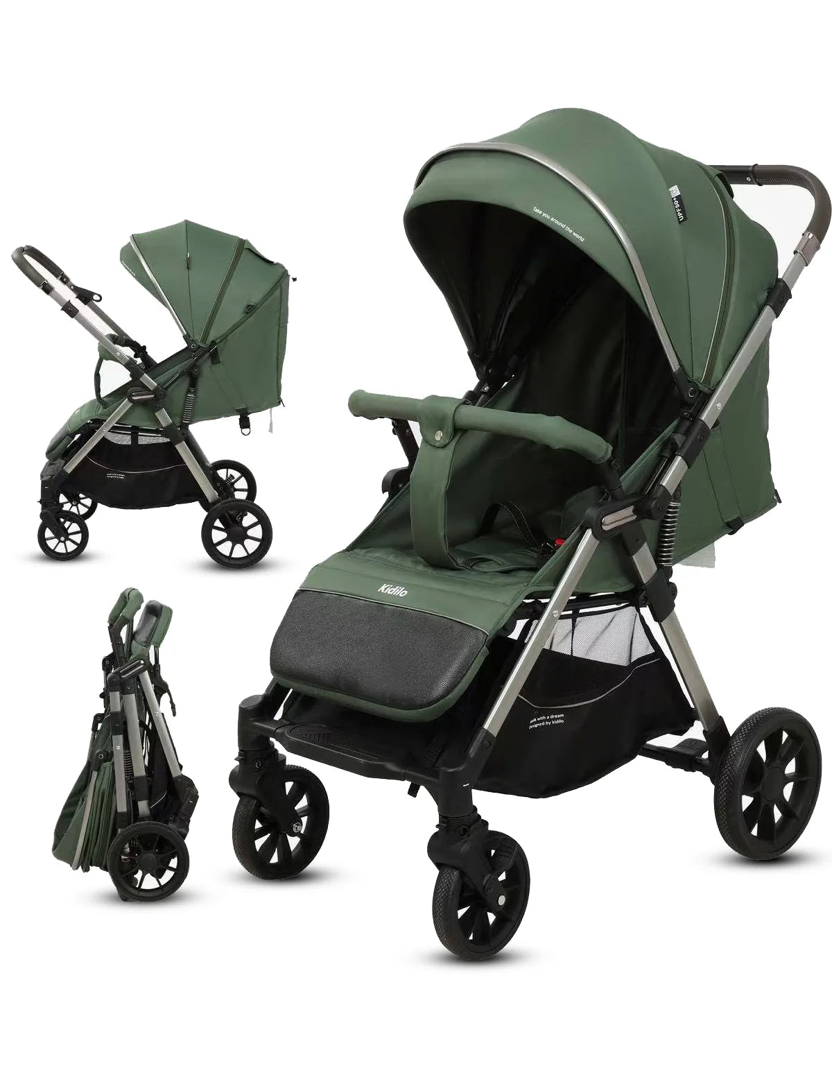 Green baby stroller with multiple views on a white background
