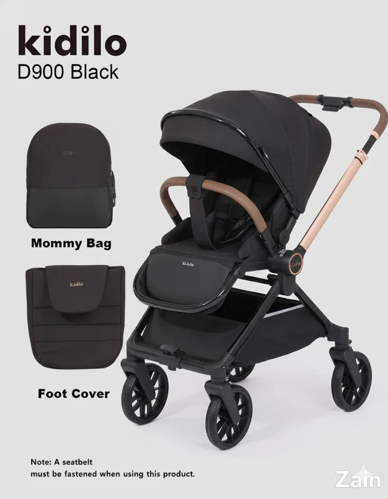 Black stroller with mommy bag and foot cover on a white background, featuring the brand 'kidilo'.