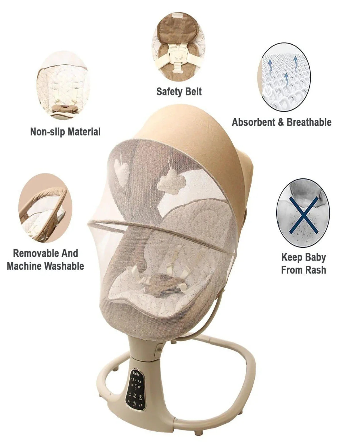 Baby swing with features highlighted on a white background