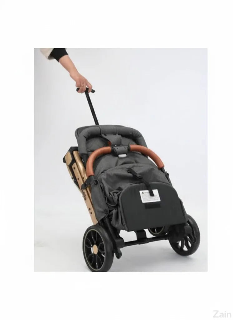 Gray stroller with brown handlebar being pushed on a white background