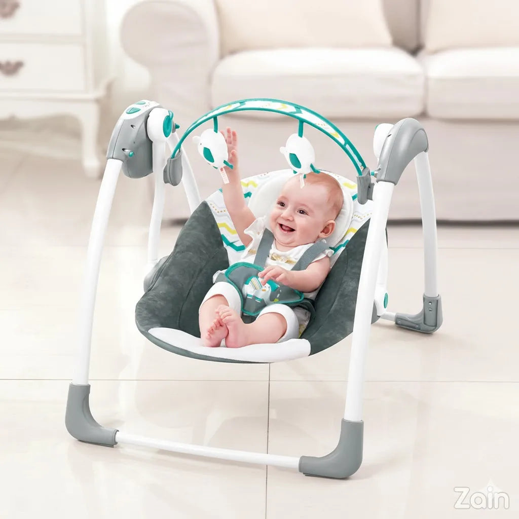 Baby in a gray and white baby swing with a blurred background