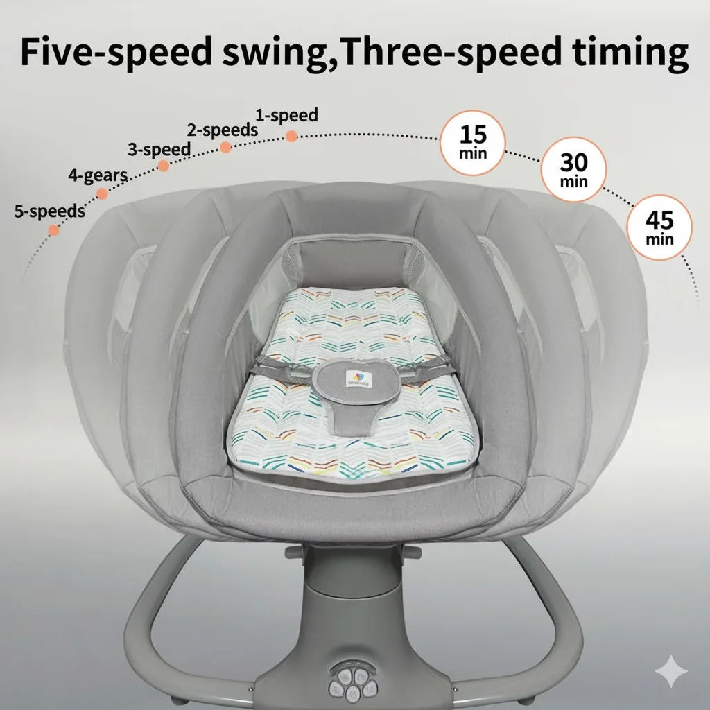 Baby swing with adjustable settings and a baby seat on a gray background