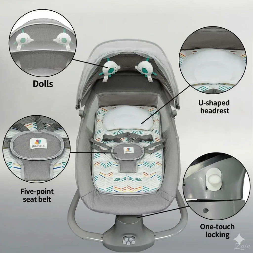 Baby swing with labeled features on a gray background