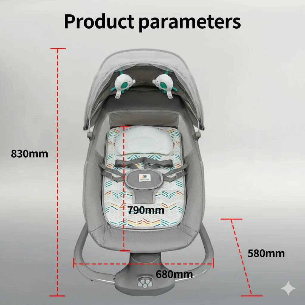 Baby swing with dimensions labeled on a gray background