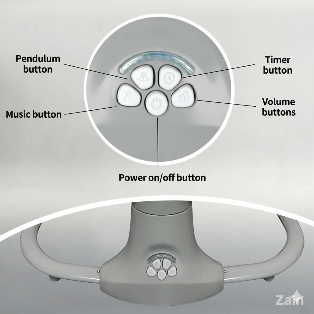 Control panel of a ceiling fan with labeled buttons on a gray background