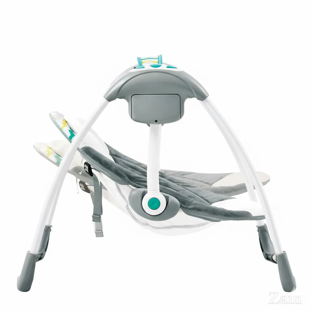 Baby swing with gray seat and white frame on a white background