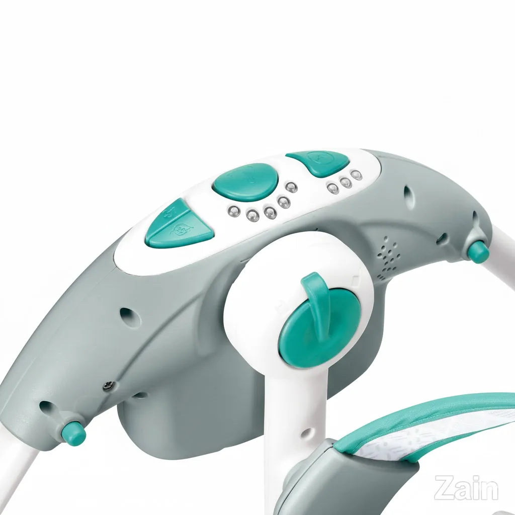 Gray and teal garden hose nozzle with multiple settings on a white background