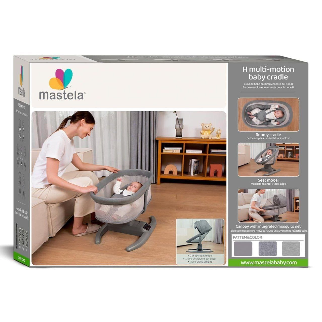 Mastela H multi-motion baby cradle packaging with woman and baby using the product.