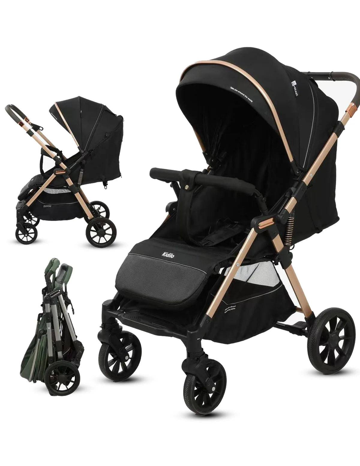 Black and rose gold stroller with folded and partially folded positions on a white background