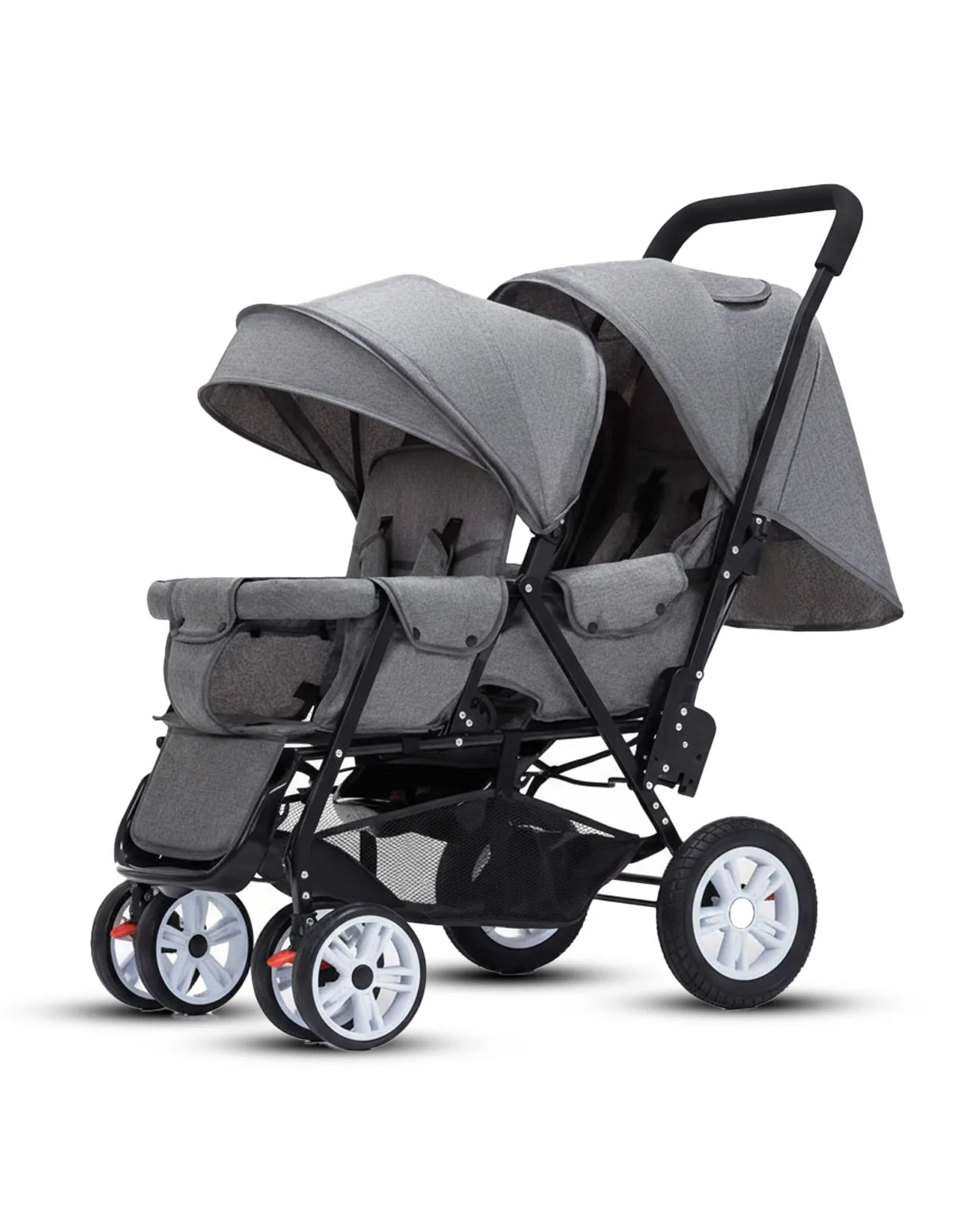 Gray double stroller on a white background
