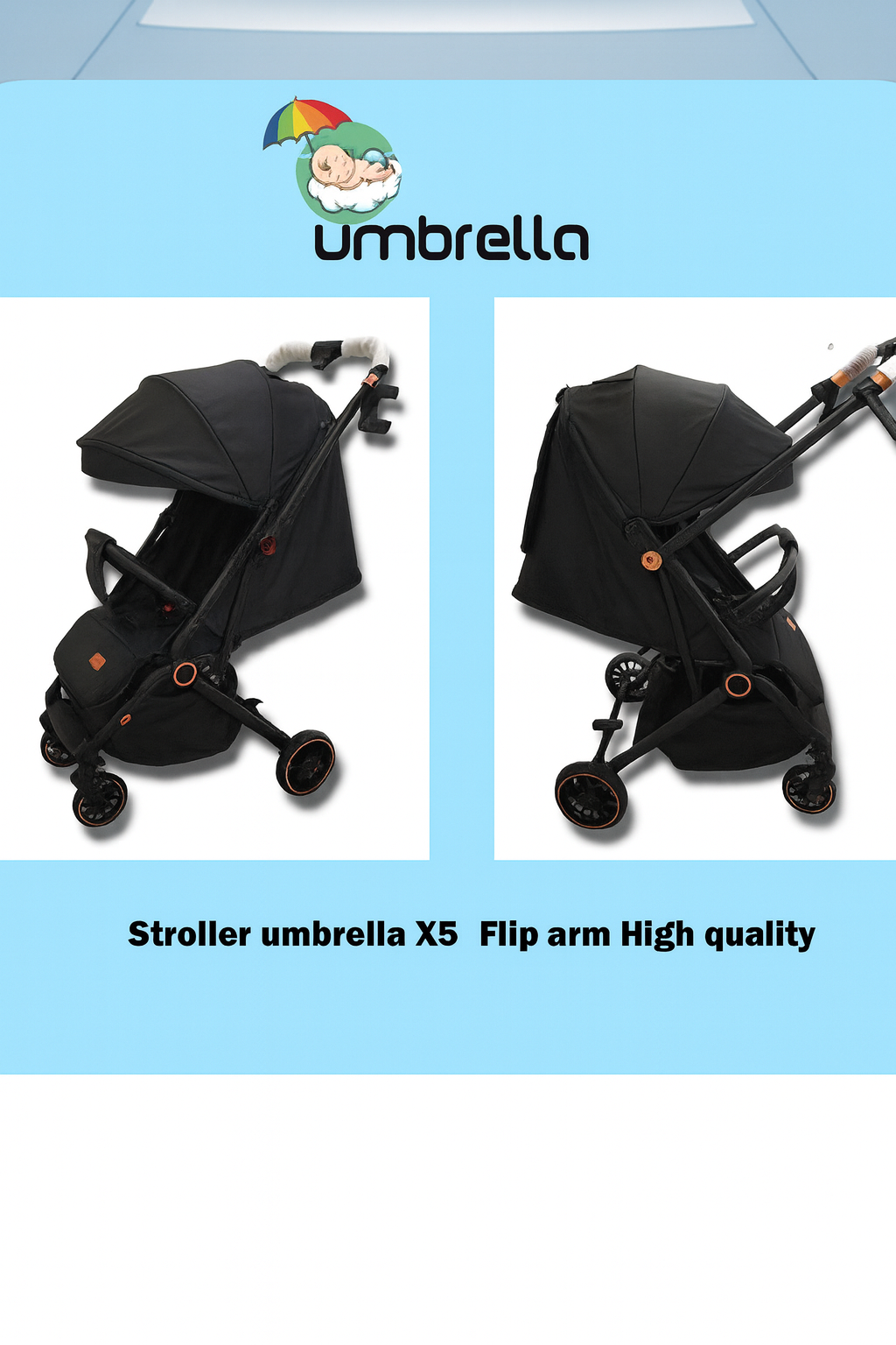 Stroller umbrella X5 with flip arm on a blue background, featuring the brand 'Umbrella'.